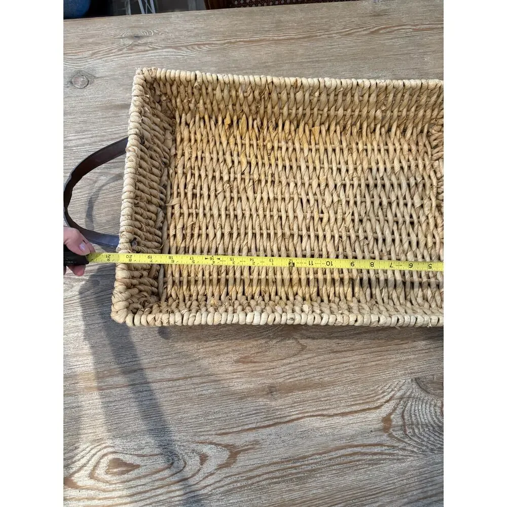 Seagrass Woven Low Rectangular Basket Faux Leather Handles